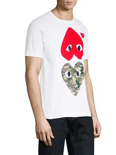 Comme des Garçons PLAY Men's Two Heart Camo Cotton Tee - White - Size Small | Thumbnail 4