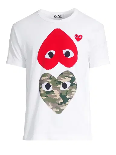 Comme des Garçons PLAY Men's Two Heart Camo Cotton Tee - White - Size Small | Thumbnail 1