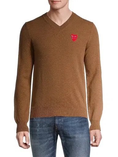Comme des Garçons PLAY Men's Play Double Heart V-Neck Pullover - Brown | Thumbnail 3 Comme des Garçons PLAY Men's Play Double Heart V-Neck Pullover - Brown | Thumbnail 3