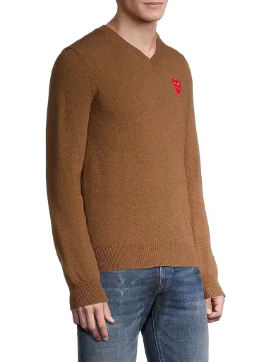 Comme des Garçons PLAY Men's Play Double Heart V-Neck Pullover - Brown | Thumbnail 4 Comme des Garçons PLAY Men's Play Double Heart V-Neck Pullover - Brown | Thumbnail 4