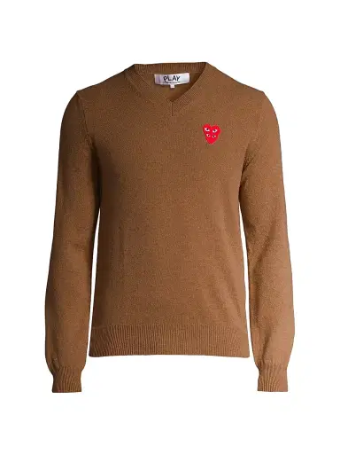 Comme des Garçons PLAY Men's Play Double Heart V-Neck Pullover - Brown | Thumbnail 1 Comme des Garçons PLAY Men's Play Double Heart V-Neck Pullover - Brown | Thumbnail 1