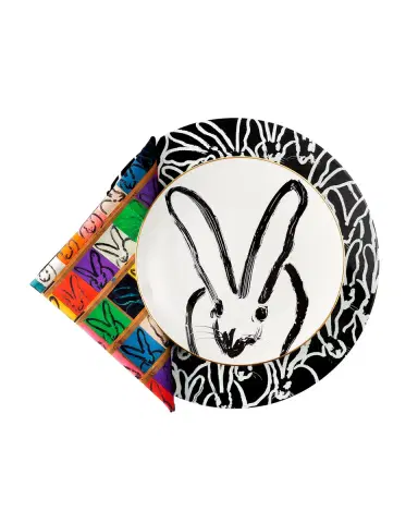 Hunt Slonem Rabbit Run Dinner Plate with Gold Rim - White | Thumbnail 2