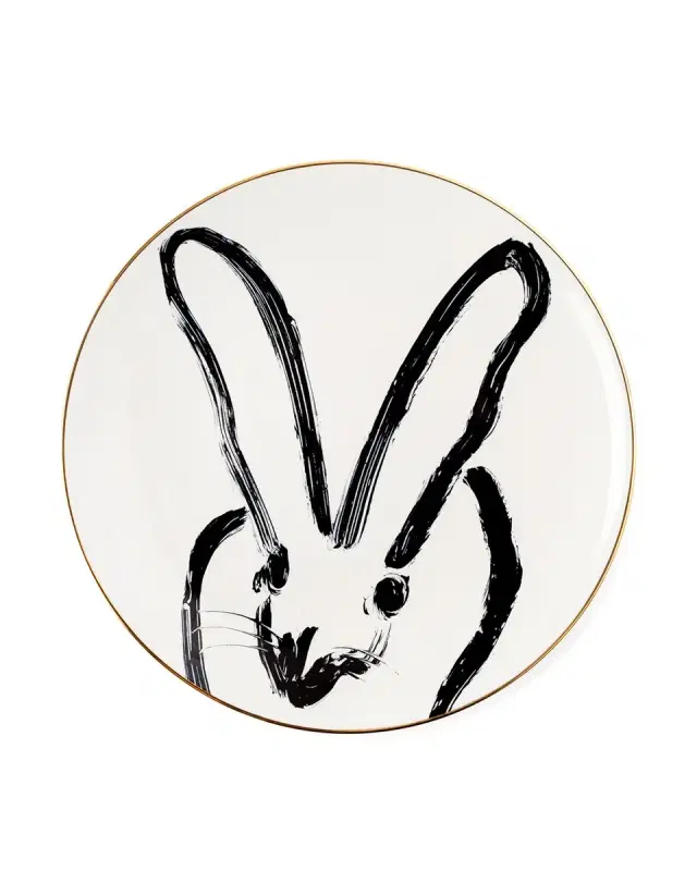 Hunt Slonem Rabbit Run Dinner Plate with Gold Rim - White