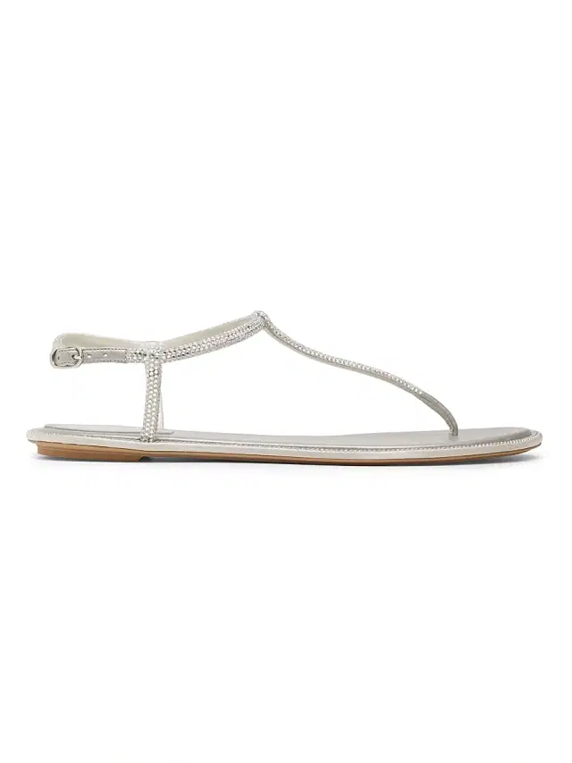 Rene Caovilla Women's Diana Crystal-Strap Silk Flat Sandals - Grey Satin Silver