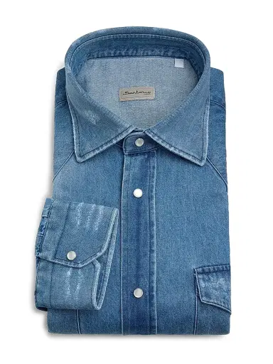 Sartorio Napoli Men's Denim Snap-Front Shirt - Light Denim - Size 16.5 | Thumbnail 1