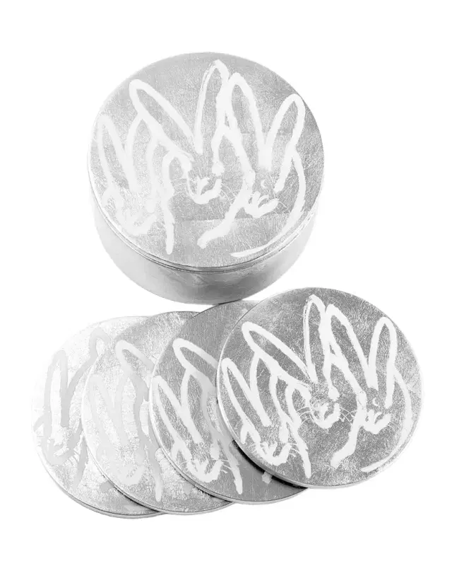 Hunt Slonem Silver Leaf Bunny Coaster Box - 4 Coasters