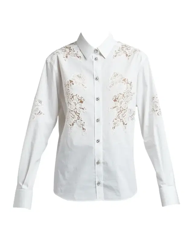 Lace Insert Poplin Shirt w/ Crystal Buttons