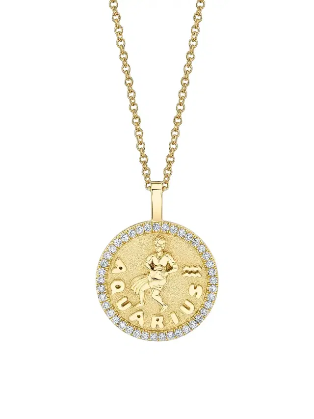 Women's Zodiac 18K Yellow Gold & 0.48 TCW Diamond Coin Pendant Necklace - Aquarius