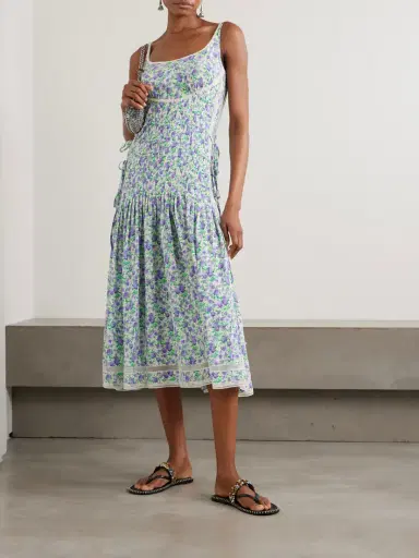 Rabanne Tie-detailed Lace-trimmed Pleated Floral-print Silk Midi Dress | Thumbnail 2 Rabanne Tie-detailed Lace-trimmed Pleated Floral-print Silk Midi Dress | Thumbnail 2