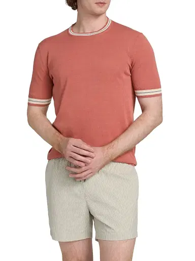 Saks Fifth Avenue Men's Striped-Trim Cotton-Silk Short-Sleeve Sweater - Red Antique - Size XXL | Thumbnail 3