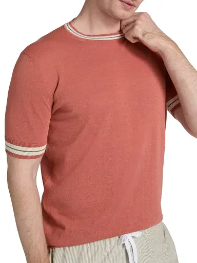Saks Fifth Avenue Men's Striped-Trim Cotton-Silk Short-Sleeve Sweater - Red Antique - Size XXL | Thumbnail 6