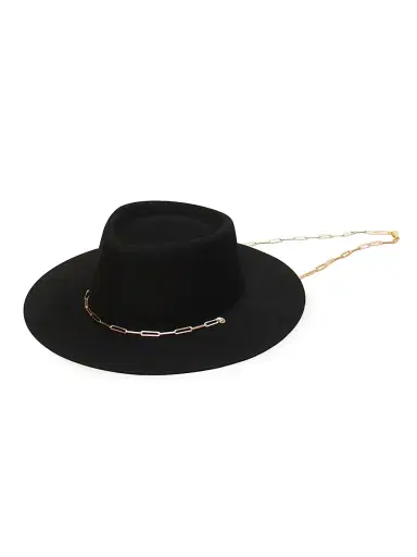 VAN PALMA Women's Ulysse Merino Wool Fedora With Chain - Black - Size Medium | Thumbnail 1