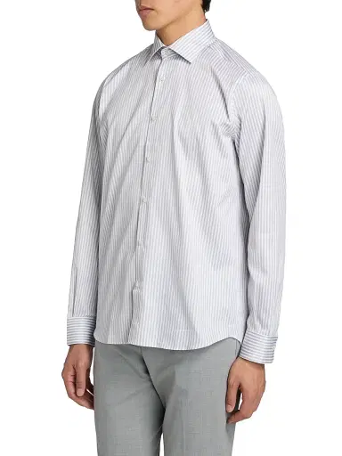 Saks Fifth Avenue Men's Striped Cotton Poplin Button-Front Shirt - Grey - Size XXL | Thumbnail 4