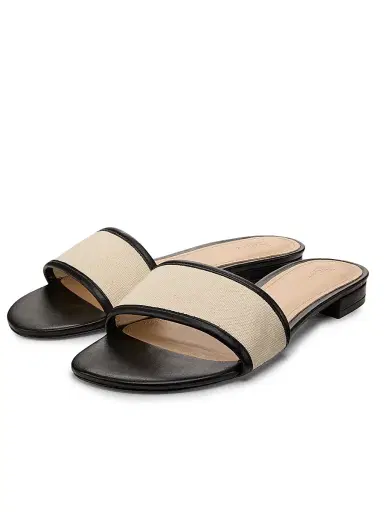 22élevé Women's Leather-Trim Linen Flat Sandals - Natural Linen Black - Size 11 | Thumbnail 2