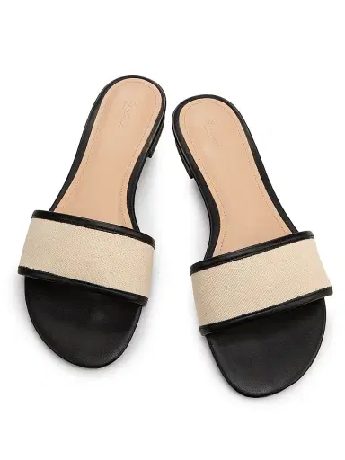 22élevé Women's Leather-Trim Linen Flat Sandals - Natural Linen Black - Size 11 | Thumbnail 4