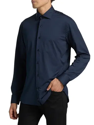 Saks Fifth Avenue Men's COLLECTION Stretch Soild Shirt - Navy | Thumbnail 4