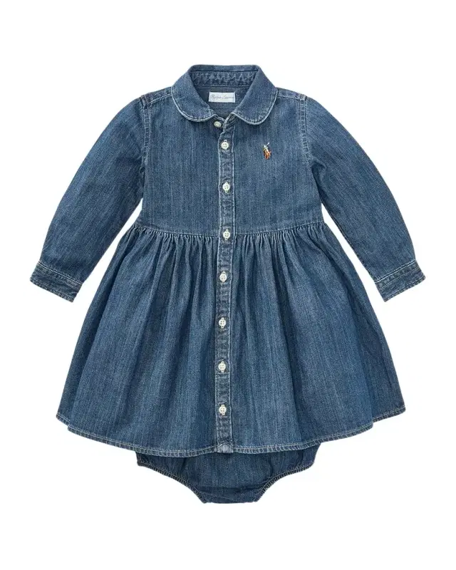 Girl 's Belted Fit-and-Flare Denim Shirtdress, Size 3M-24M