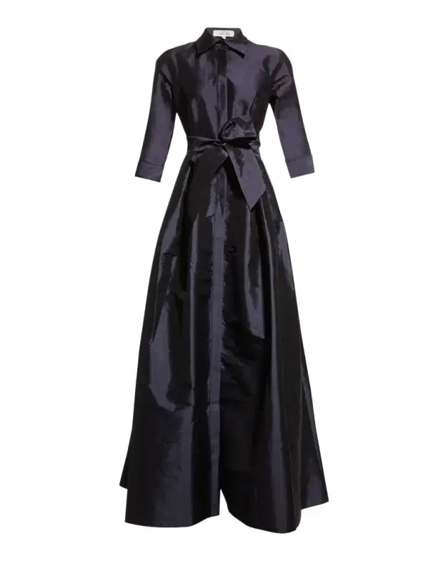 Rickie Freeman for Teri Jon 3/4-Sleeve Taffeta Shirtdress Gown