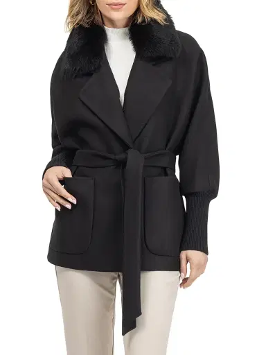 Gorski Women's Fabric Coat with Detachable Shearling Lamb Collar, Belt - Black - Size XL | Thumbnail 2