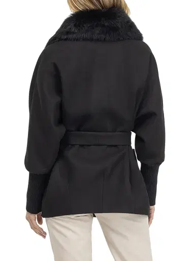 Gorski Women's Fabric Coat with Detachable Shearling Lamb Collar, Belt - Black - Size XL | Thumbnail 3