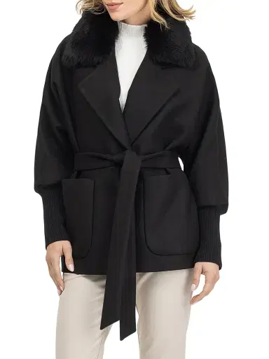Gorski Women's Fabric Coat with Detachable Shearling Lamb Collar, Belt - Black - Size XL | Thumbnail 4