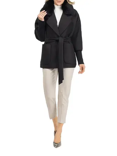 Gorski Women's Fabric Coat with Detachable Shearling Lamb Collar, Belt - Black - Size XL | Thumbnail 5