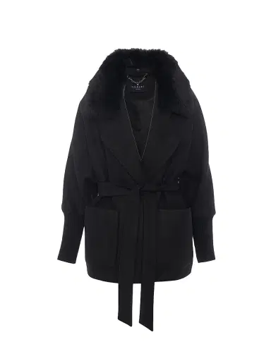 Gorski Women's Fabric Coat with Detachable Shearling Lamb Collar, Belt - Black - Size XL | Thumbnail 1
