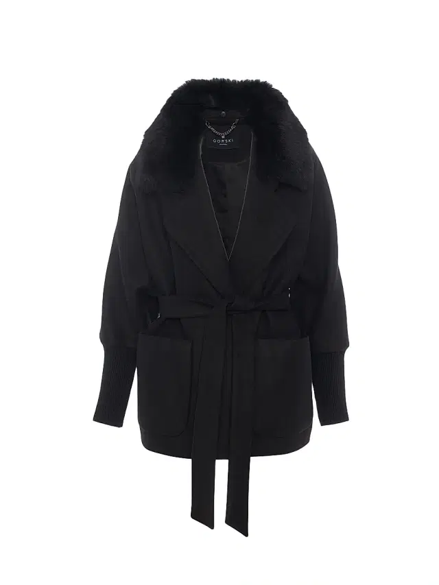Gorski Women's Fabric Coat with Detachable Shearling Lamb Collar, Belt - Black