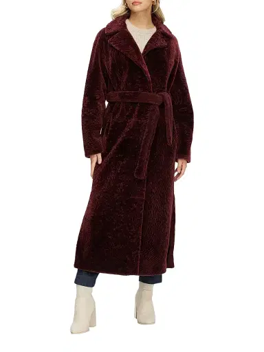 Gorski Women's Reversible Textured Shearling Lamb Coat with Side Slits Belt - Burgundy - Size Small | Thumbnail 2 Gorski Women's Reversible Textured Shearling Lamb Coat with Side Slits Belt - Burgundy - Size Small | Thumbnail 2