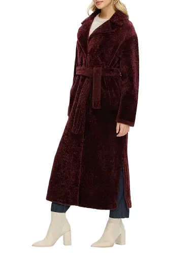 Gorski Women's Reversible Textured Shearling Lamb Coat with Side Slits Belt - Burgundy - Size Small | Thumbnail 3 Gorski Women's Reversible Textured Shearling Lamb Coat with Side Slits Belt - Burgundy - Size Small | Thumbnail 3
