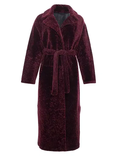 Gorski Women's Reversible Textured Shearling Lamb Coat with Side Slits Belt - Burgundy - Size Small | Thumbnail 1 Gorski Women's Reversible Textured Shearling Lamb Coat with Side Slits Belt - Burgundy - Size Small | Thumbnail 1