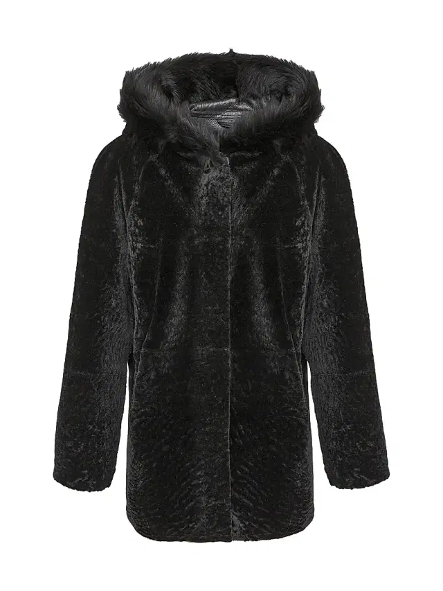 Gorski Women's Reversible Textured Shearling Lamb Parka with Merinillo Shearling Lamb Hood Trim - Black