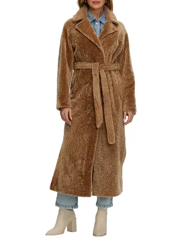 Gorski Women's Reversible Textured Shearling Lamb Coat with Side Slits Belt - Latte - Size XL | Thumbnail 2 Gorski Women's Reversible Textured Shearling Lamb Coat with Side Slits Belt - Latte - Size XL | Thumbnail 2