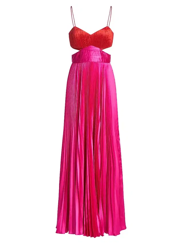 AMUR Women's Elodie Satin Colorblock Pleated Gown - Red Rose Magenta