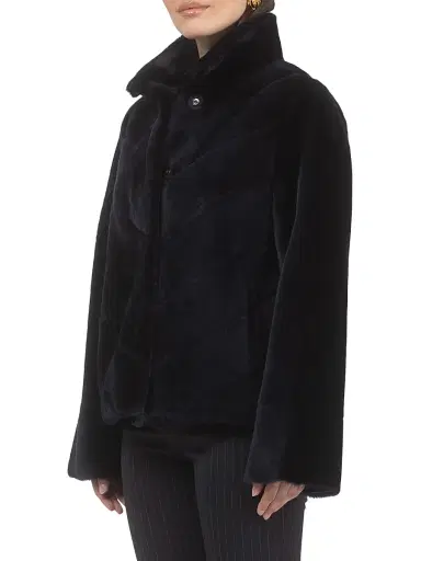Gorski Women's Reversible Merino Shearling Lamb Chevron Jacket - Navy - Size Large | Thumbnail 2