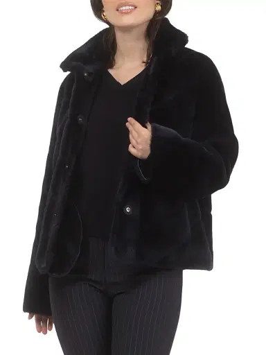 Gorski Women's Reversible Merino Shearling Lamb Chevron Jacket - Navy - Size Large | Thumbnail 4