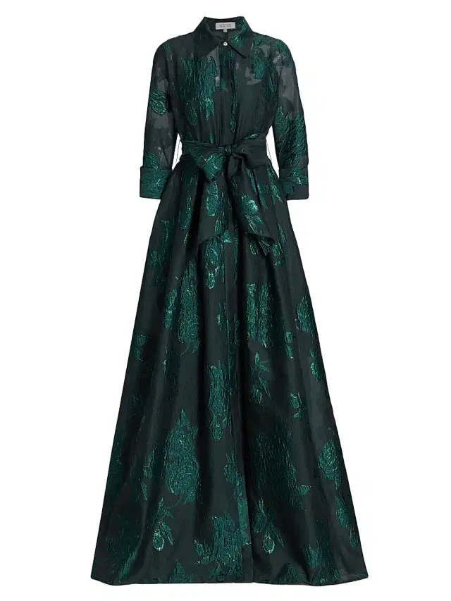 Teri Jon by Rickie Freeman Women's Three-Quarter Sleeve Metallic Jacquard Shirt Waist Gown - Emerald