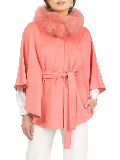 Gorski Women's Select Wool Belted Cape with Select Lamb Collar - Coral | Thumbnail 2
