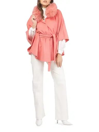Gorski Women's Select Wool Belted Cape with Select Lamb Collar - Coral | Thumbnail 5