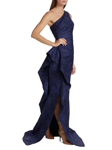 Teri Jon by Rickie Freeman Women's Metallic Jacquard One-Shoulder Gown - Black Blue | Thumbnail 3 Teri Jon by Rickie Freeman Women's Metallic Jacquard One-Shoulder Gown - Black Blue | Thumbnail 3