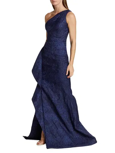 Teri Jon by Rickie Freeman Women's Metallic Jacquard One-Shoulder Gown - Black Blue | Thumbnail 4 Teri Jon by Rickie Freeman Women's Metallic Jacquard One-Shoulder Gown - Black Blue | Thumbnail 4
