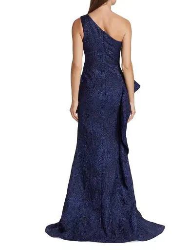 Teri Jon by Rickie Freeman Women's Metallic Jacquard One-Shoulder Gown - Black Blue | Thumbnail 5 Teri Jon by Rickie Freeman Women's Metallic Jacquard One-Shoulder Gown - Black Blue | Thumbnail 5