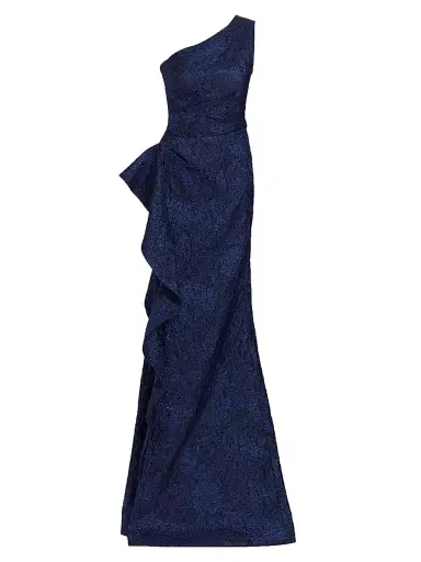 Teri Jon by Rickie Freeman Women's Metallic Jacquard One-Shoulder Gown - Black Blue | Thumbnail 1 Teri Jon by Rickie Freeman Women's Metallic Jacquard One-Shoulder Gown - Black Blue | Thumbnail 1