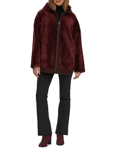 Gorski Women's Reversible Textured Shearling Lamb Zip Parka with Ribbed Hem - Burgundy - Size Large | Thumbnail 5 Gorski Women's Reversible Textured Shearling Lamb Zip Parka with Ribbed Hem - Burgundy - Size Large | Thumbnail 5