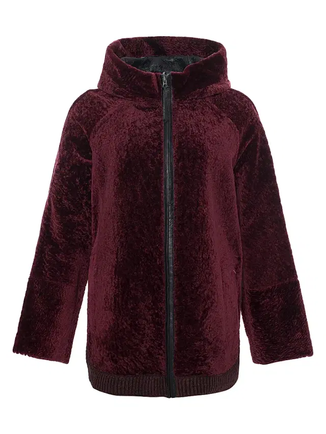 Gorski Women's Reversible Textured Shearling Lamb Zip Parka with Ribbed Hem - Burgundy