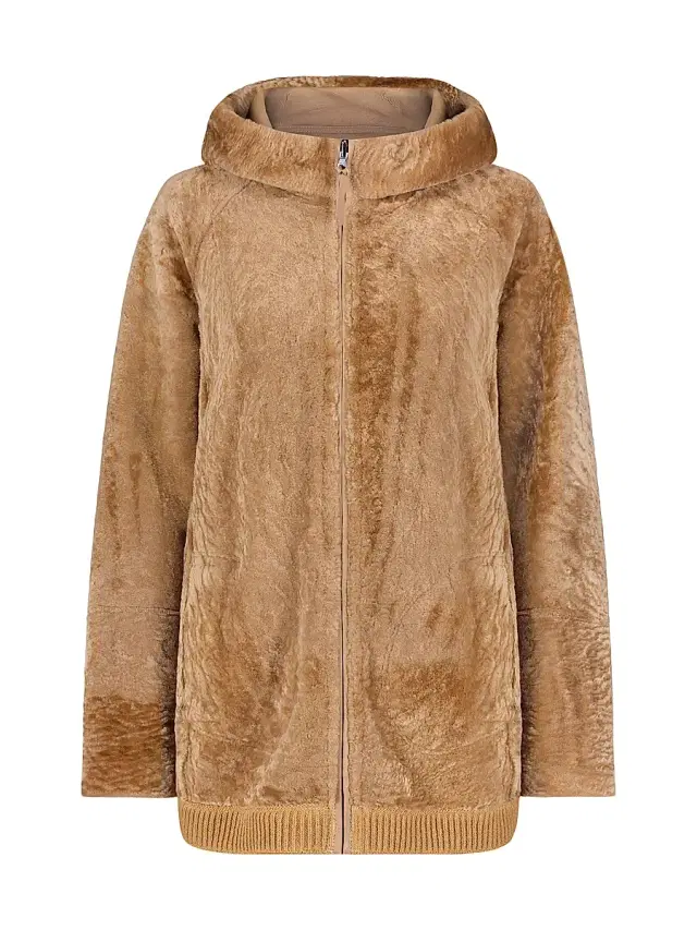 Gorski Women's Reversible Textured Shearling Lamb Zip Parka with Ribbed Hem - Latte