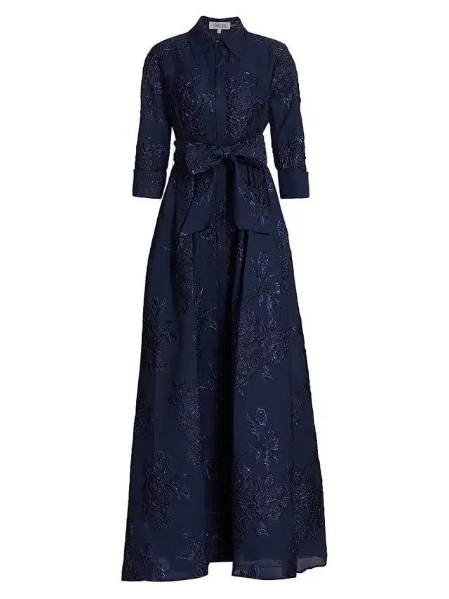 Teri Jon by Rickie Freeman Women's Three-Quarter Sleeve Metallic Jacquard Shirt Waist Gown - Navy