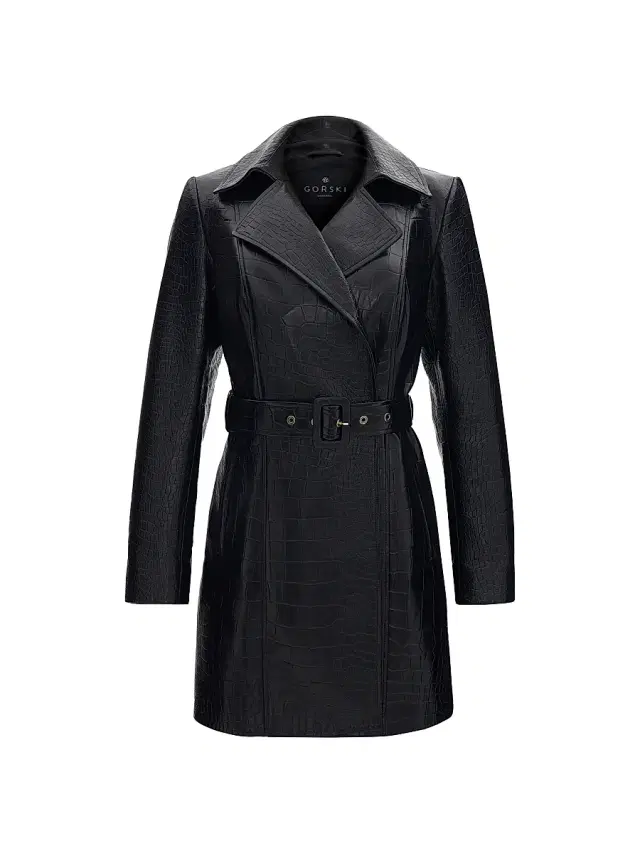 Gorski Women's Select Nappa Leather Croco Embossed Trench Coat, Belt - Black