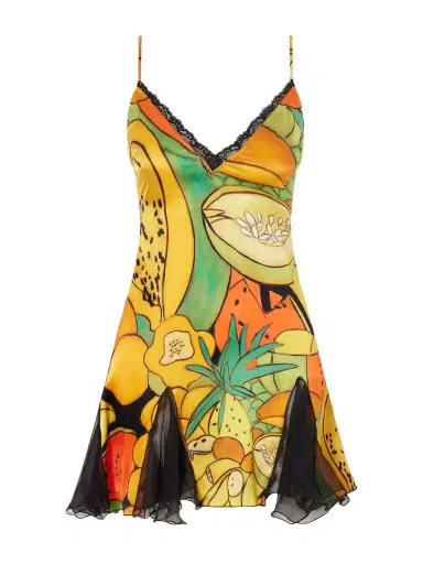Donde Esteban Frutas Ruffled Lace-trimmed Printed Silk-blend Satin And Chiffon Mini Dress | Thumbnail 1 Donde Esteban Frutas Ruffled Lace-trimmed Printed Silk-blend Satin And Chiffon Mini Dress | Thumbnail 1