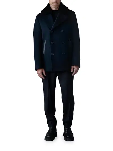 Mackage Men's Cole Wool Double-Breasted Shearling-Collar Jacket - Navy | Thumbnail 2